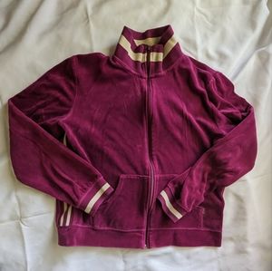 Plum long sleeve velour zip-up jacket w/ cream stripes